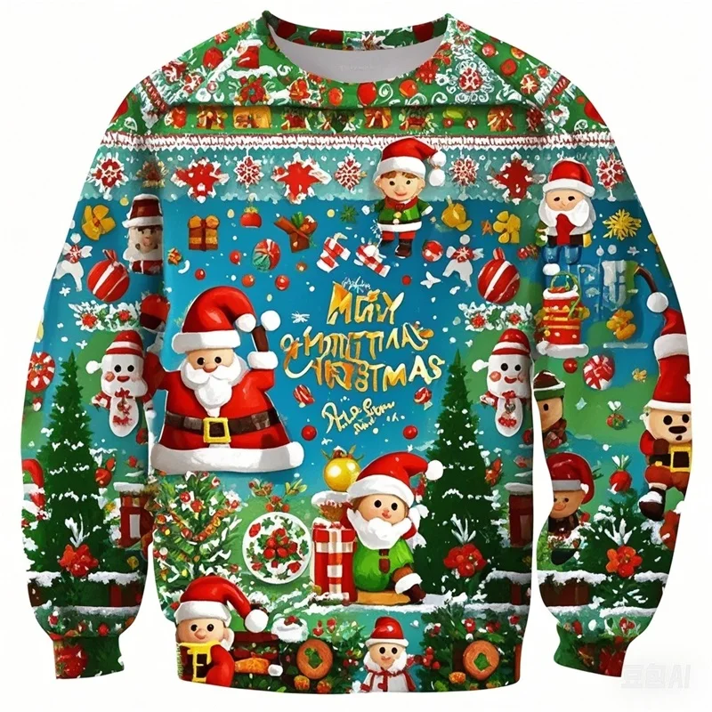 Merry Christmas 3D Print Sweatshirt Cartoon Santa Elf Snowman Pattern Long Sleeve Pullover Unisex Holiday Xmas Party Tops