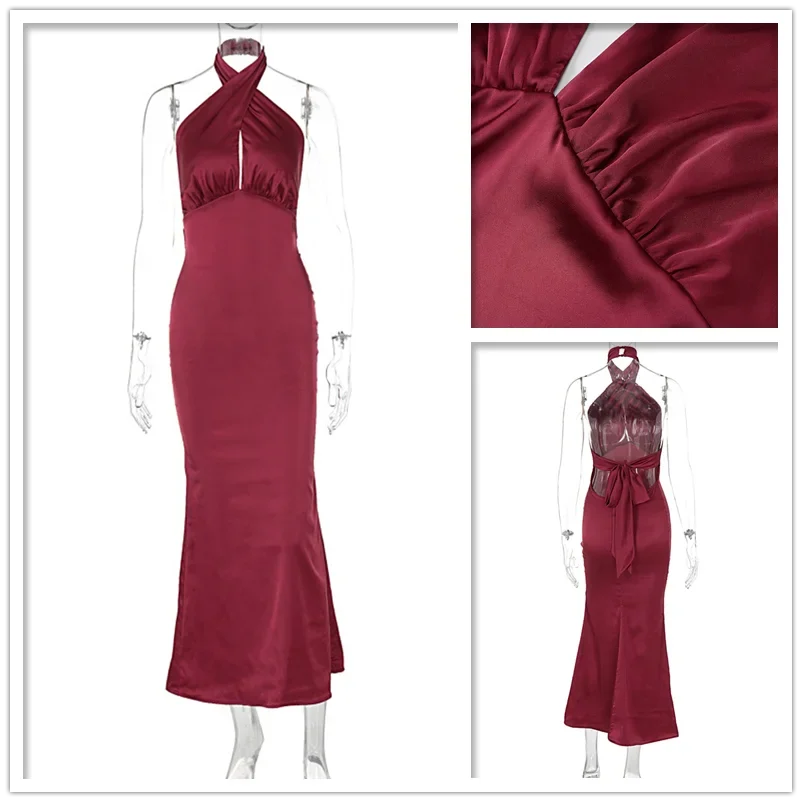 BWQ Elegant Maxi Long Slim Bodycon Dress Women Halter 2024 Spring Summer Dress Backless Nightcklub Sexy Party Dresses