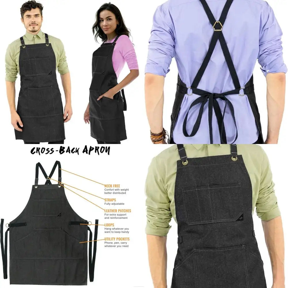 

Черный джинсовый фартук в стиле Нью-Йорка с кожаными ремнями и регулируемой посадкой для повара, татуировщиков и барменаров