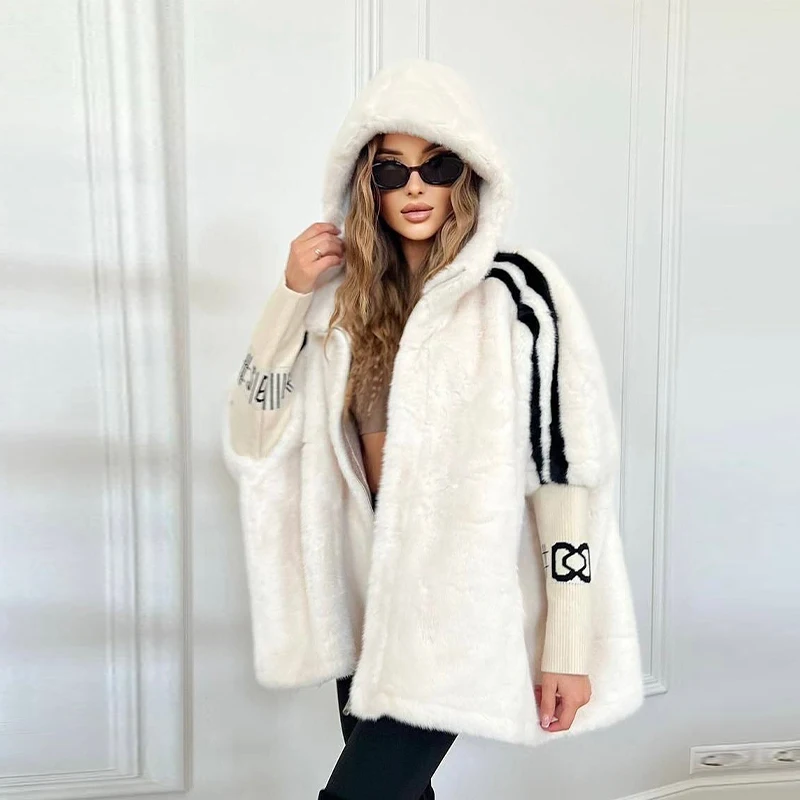 دافئ فو الفراء المعتاد معطف مقنع للنساء موضة المرقعة محبوك الأكمام سستة جاكيتات 2025 جديد الخريف الشتاء معاطف للسيدات