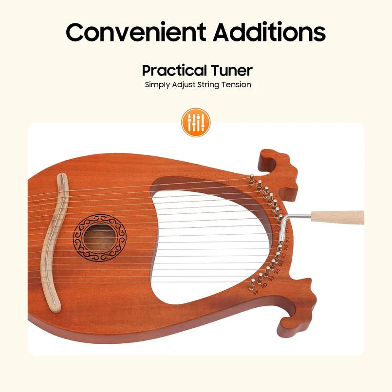 16 Steel String Mahogany Harp, European Style Natural Wood Color Portable Antler Design Lyre Harp With