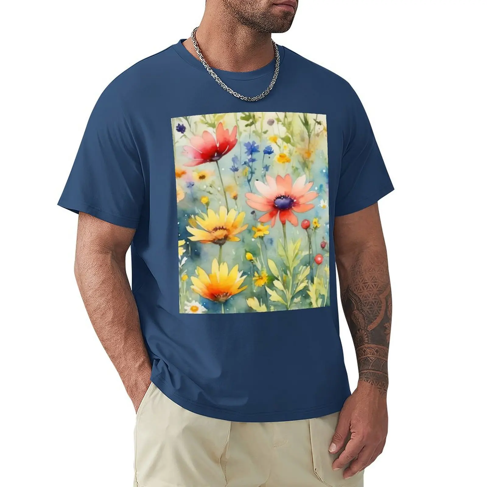 colorful wild flower field water color T-shirt quick-drying heavyweights mens white t shirts