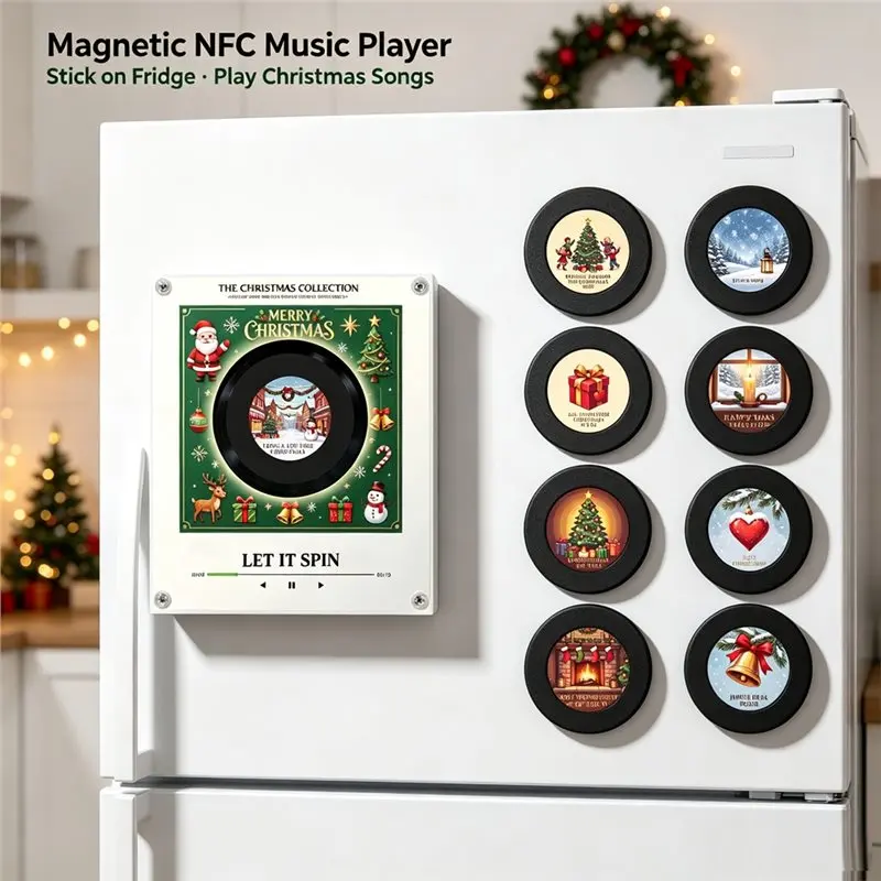 TFORU-Christmas Night Light Fridge Magnet Xmas Magnetic Music Built-In LED Touch To Play Vinyl Record Player Fridge Magnet