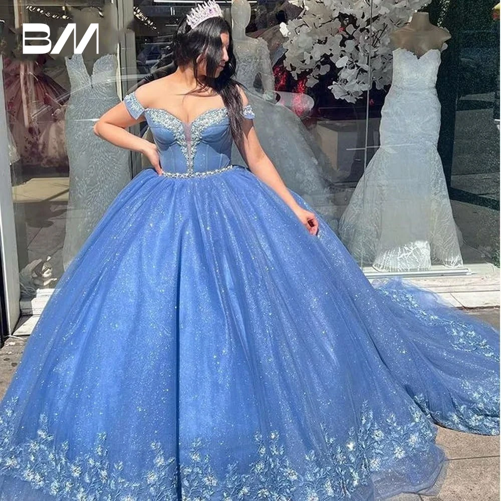 فستان تل لامع كوينسينيرا مخصص حلو 16 ثوب كرة عاري الكتفين Vestidos De 15 Quinceañera Vestidos De Baile