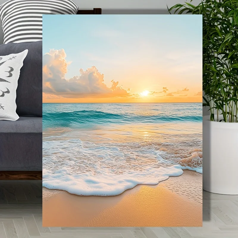 2D 1pc Frameless Caribbean Beach Sunset Canvas Art Print, Golden Sands and Turquoise Waves Oil Painting Wall Decor, Peaceful