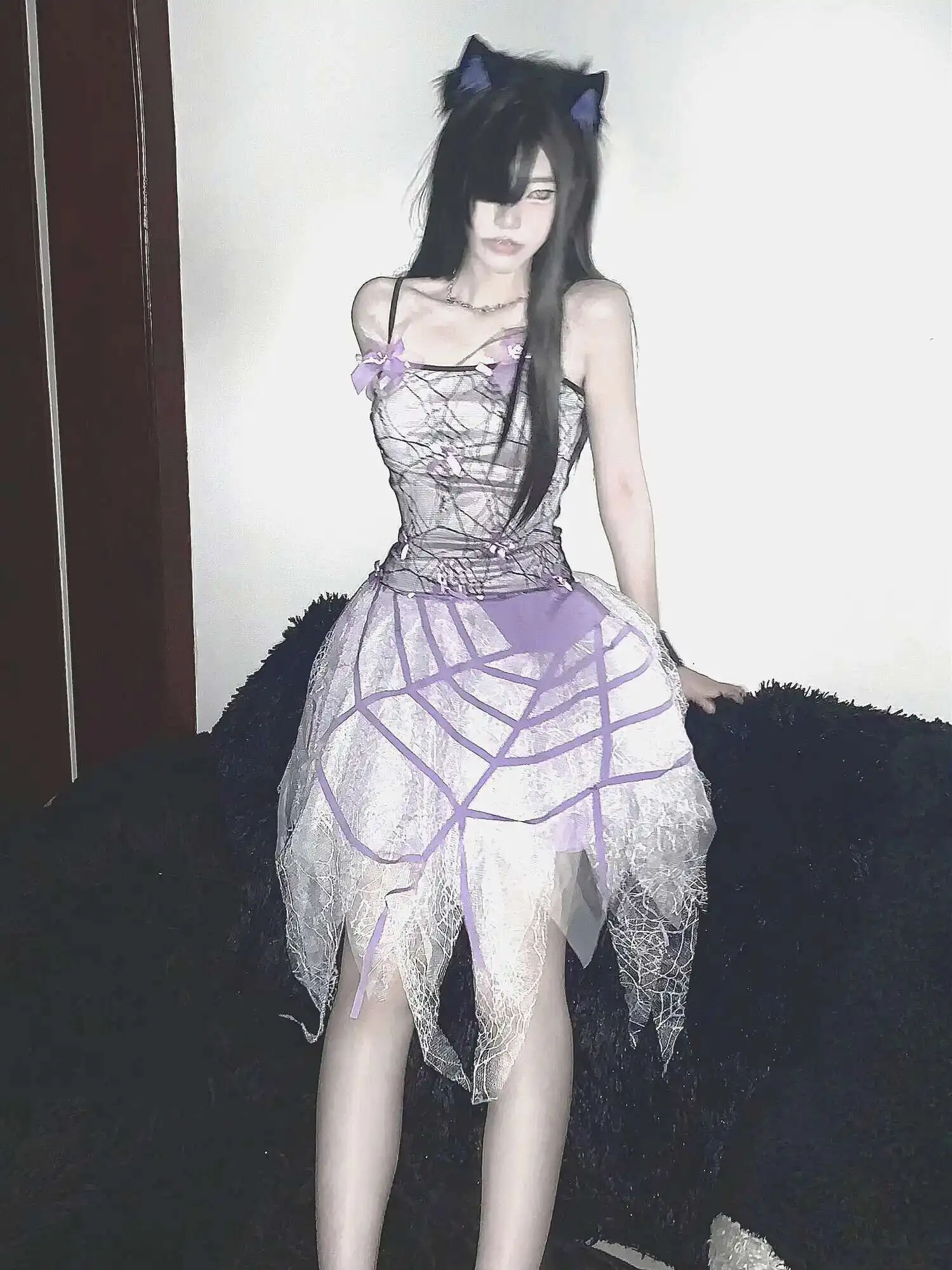 Grigio Viola Sottocultura Fiocco in pizzo Industria pesante Ragazza ragno Taglio creativo Mezza gonna Abito da ballo Ragnatela Balletto