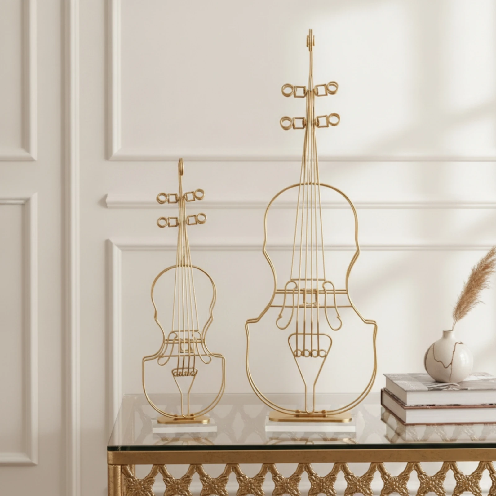 2 Pieces Violin Statue with Crystal Base Modern Violin Ornament Sculpture Geometric Decor Retro for Music Lovers, Living Room
