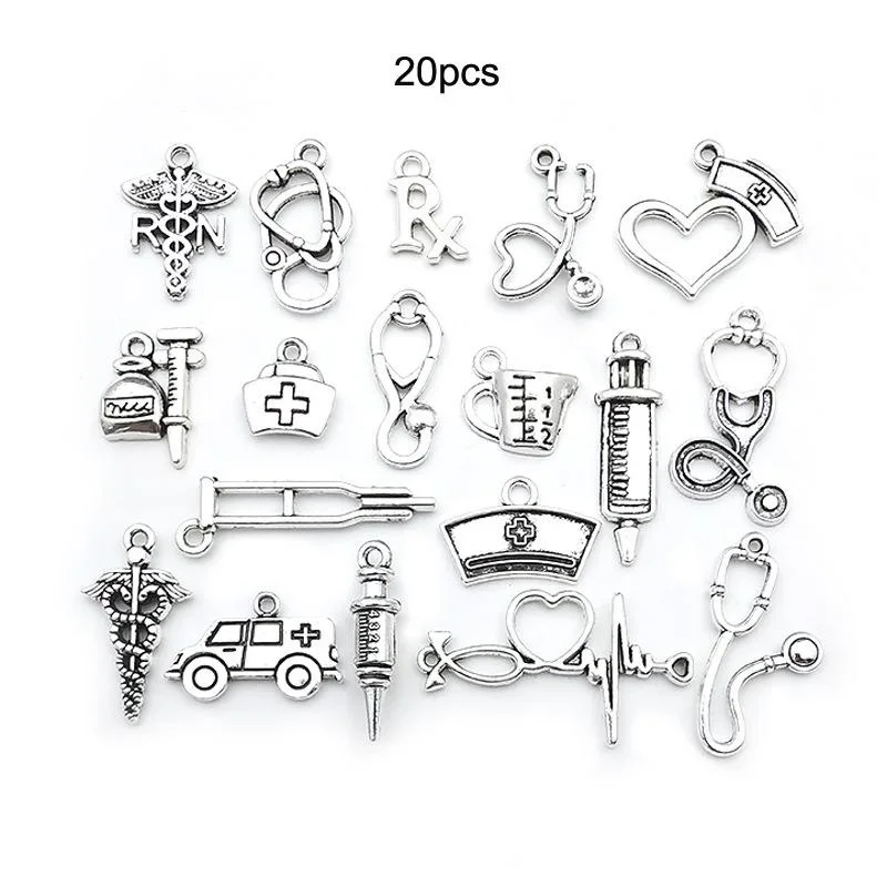 20 PCS Medical Nurse Charms Stethoscope Syringe Nurse Cap Nurse Graduation Pendants for Necklace Bracelet Jewelry Making DIY