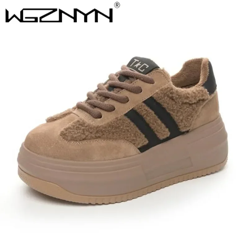 NEW 6CM Pink Natural Genuine Leather Fashion Breathable Casual Women Shoes Platform Warm Plush Winter Autumn Comfy Ankle Booties