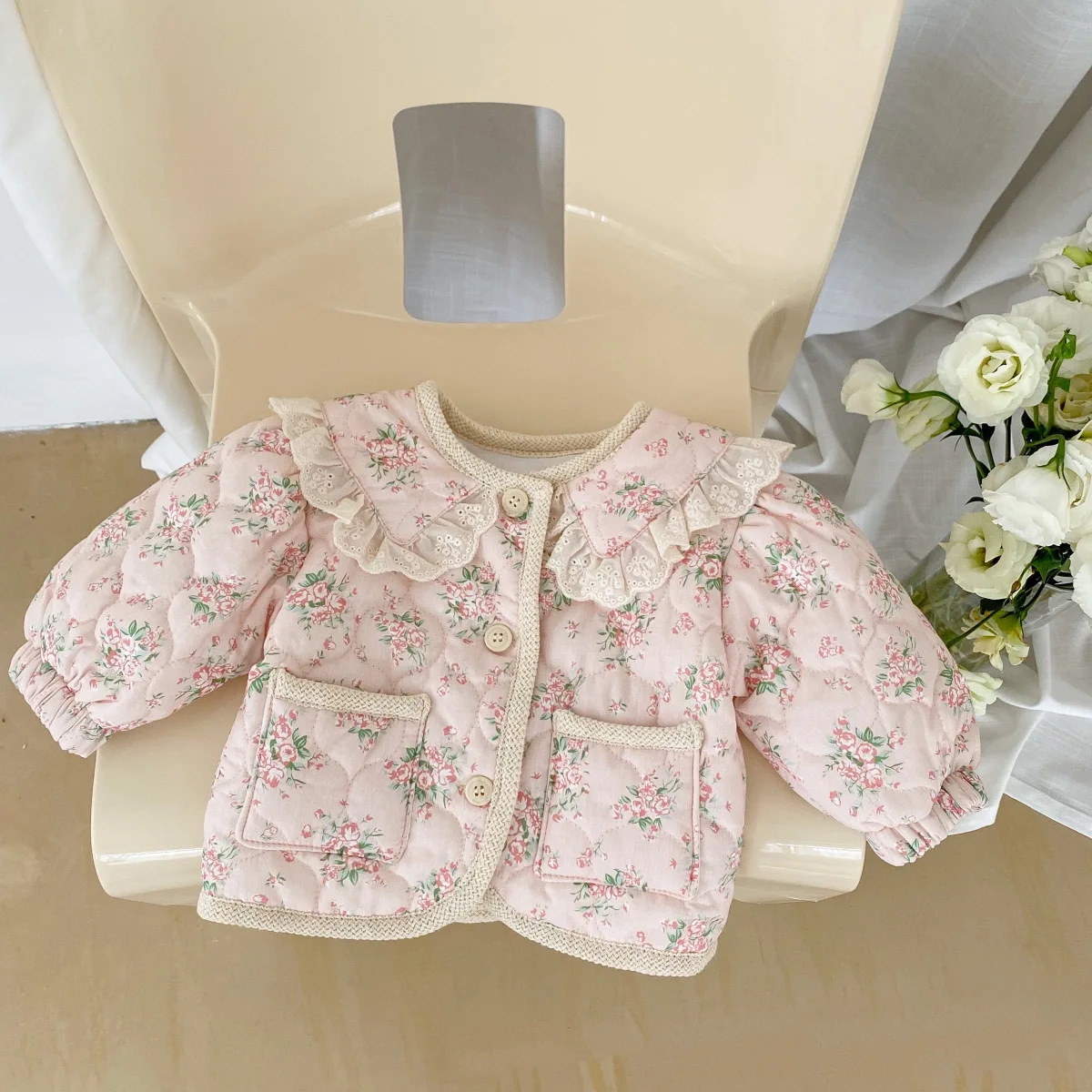 Autumn Winter New Korean Style Children\'s Clothing 0-2 Years Girls Kids Floral Print Cotton-Padded Jackets Newborn Clothing Sets