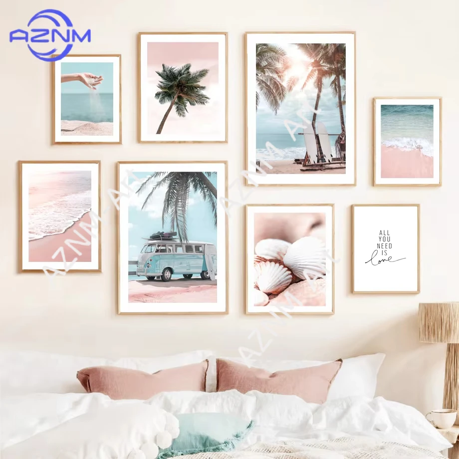 1PC ，Tropical Pink Beach Shell Palm Tree Sun Posters Prints Canvas Painting Nordic Wall Art Pictures For Living Room Home Decor