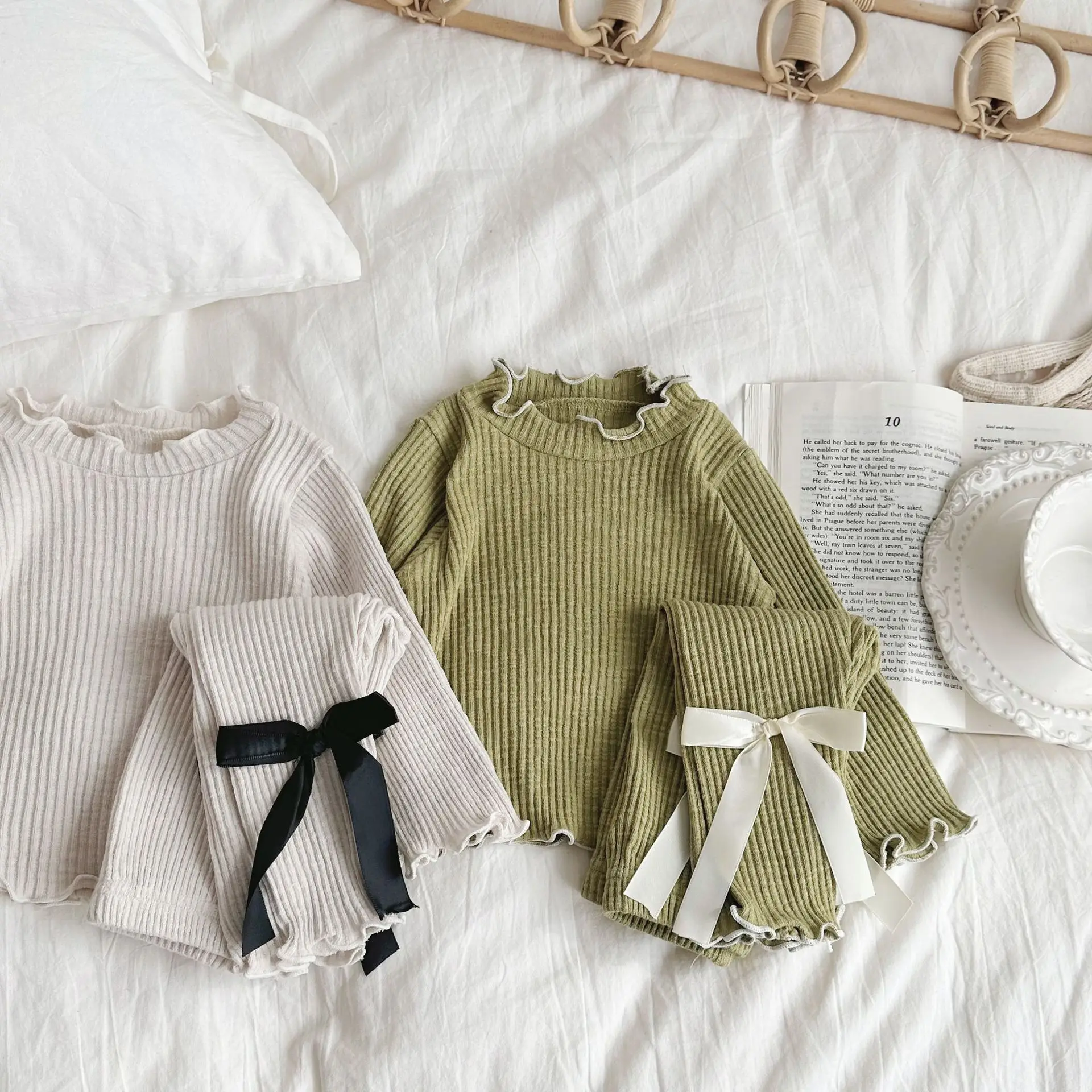 Newborn Baby Long Sleeve Clothes Set Infant Girl Solid Ribbed Tops + Bow Leggings 2pcs Suit Toddler Casual Outfits 0-24m