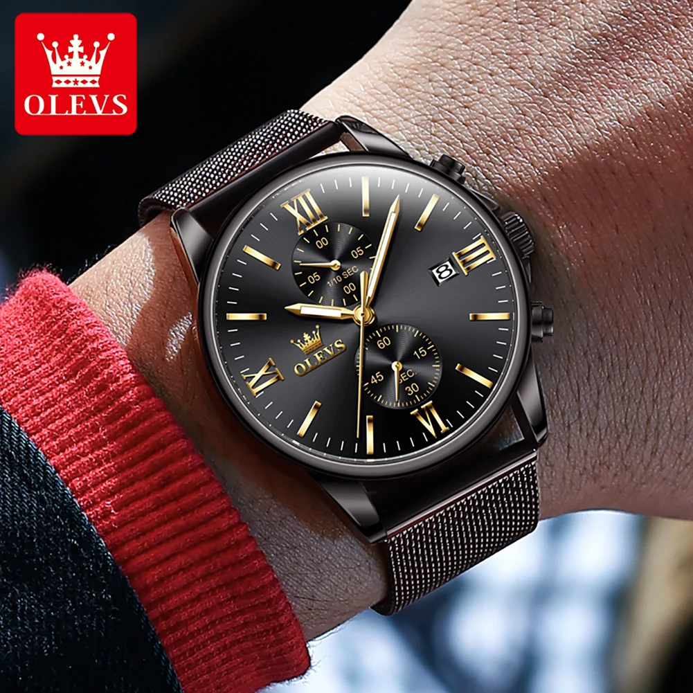 OLEVS New Mens Watches Top Brand Luxury Stainless Steel Waterproof Luminous Chronograph Quartz Watch for Men Relogio Masculino