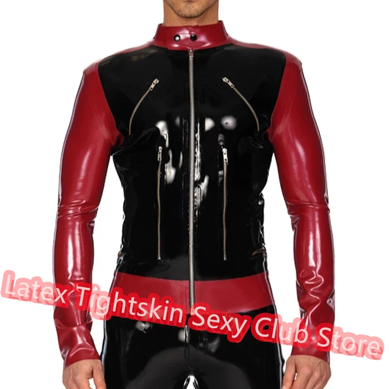

Handmade Men Latex Top Front Zip T-Shirt Long Sleeves Jacket Man Sexy Tops Rubber Suit Black with Red Cosplay Costume