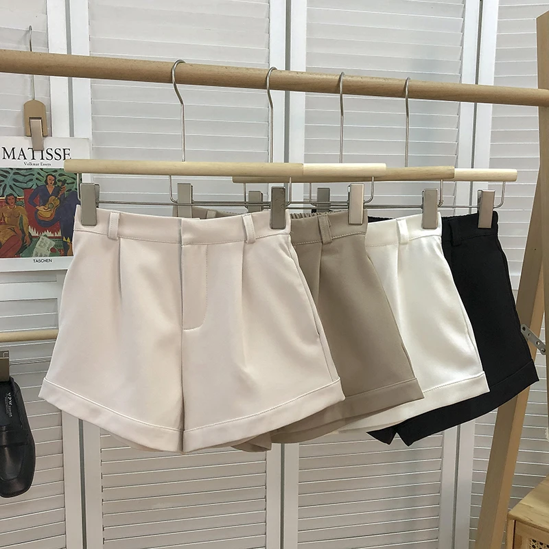 

High Waist Cuffed Suit Pants Women's Casual Fashionable Versatile Slimming Wide Leg Shorts Korean Style Autumn Winter Polyest...