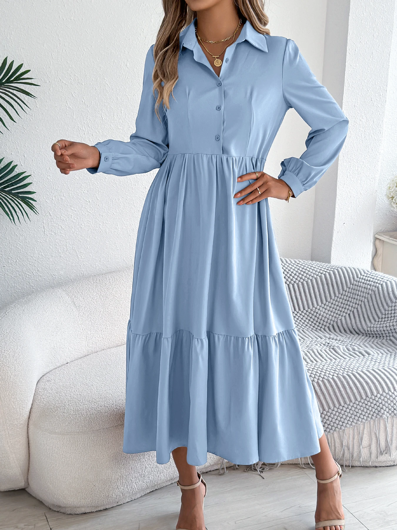 Robe décontractée à manches longues et col rabattu pour femme, vêtement de vacances, simple boutonnage, mode printemps-automne