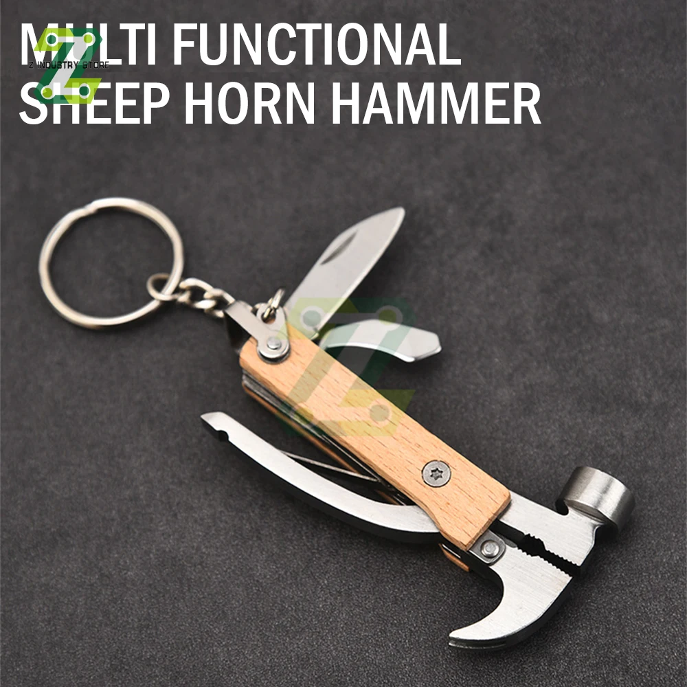 Multifunctional Hammer Outdoor Portable Mini Beech Hammer Stainless Steel Knife Bottle Opener With Keychain