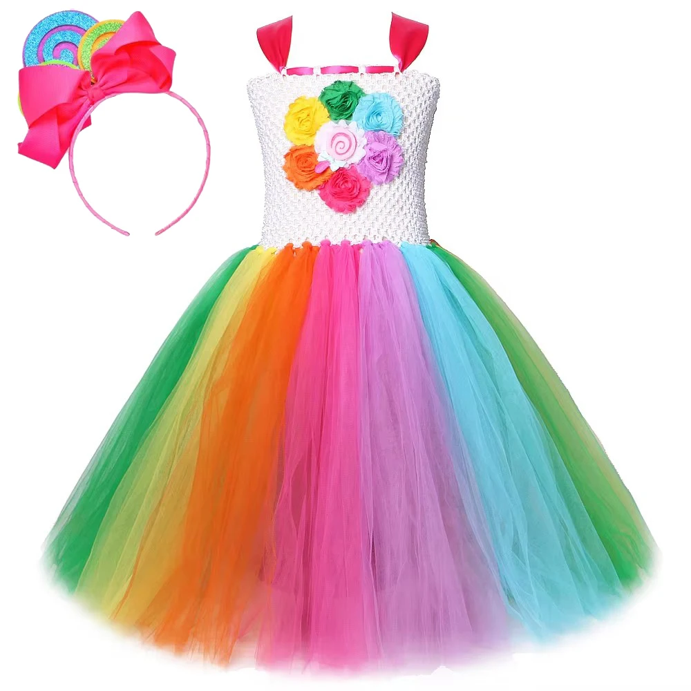 Длинное платье-пачка с радужным леденцом для девочек, костюмы на день рождения Candyland с цветами для детей, полноразмерный новогодний наряд с бантом для волос Длинное платье-пачка с радужным леденцом для девочек, костюмы на день рождения Candyland с цветами для детей, полноразмерный новогодний наряд с бантом для волос