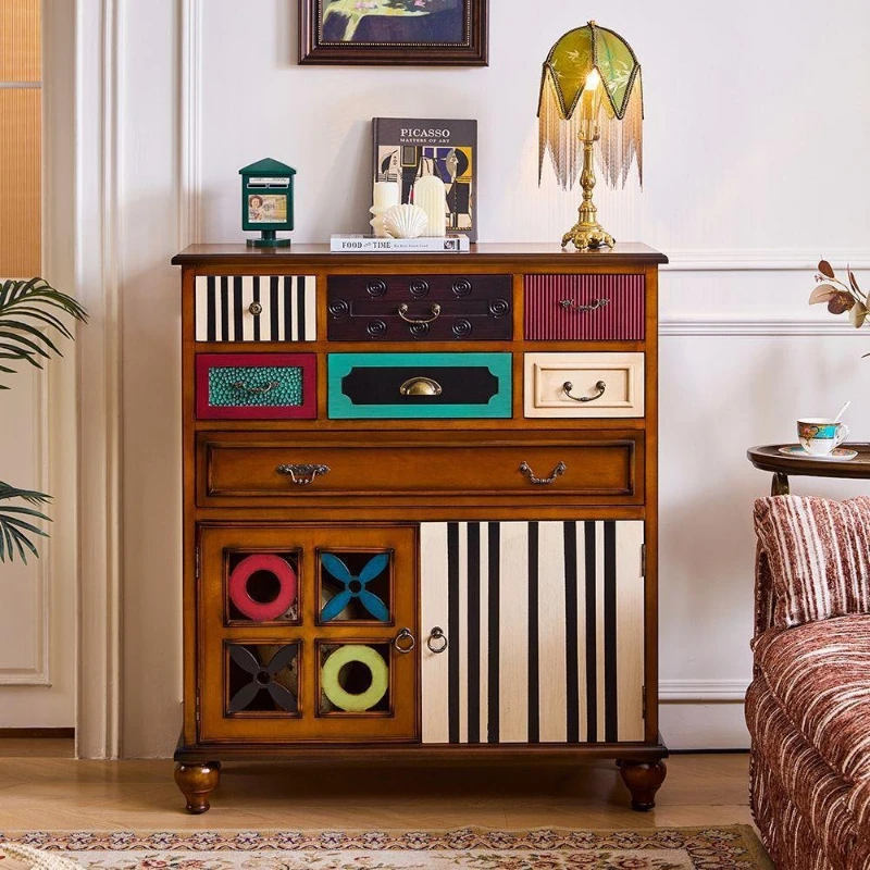 Retro contrasting color multi-bucket storage cabinet, creative splicing painted cabinet door entrance solid wood