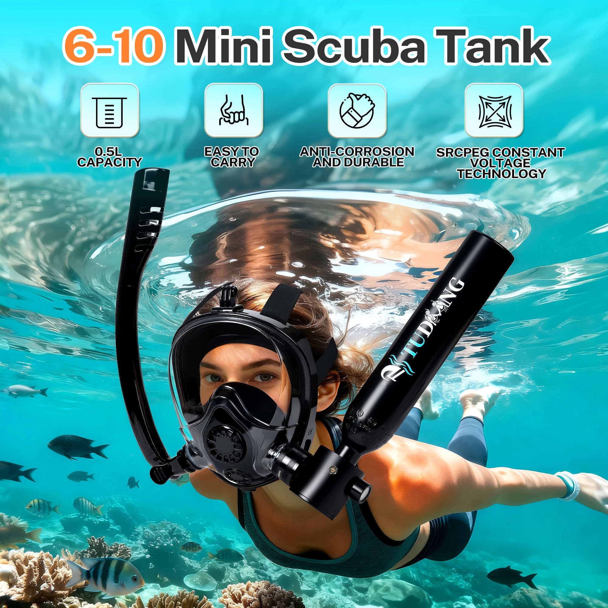 TUDIVING-0.5L Scuba Diving Tank Kit with 300Bar 12V PCP Air Compressor with Diving Mask Portable Scuba Tank Underwater Training