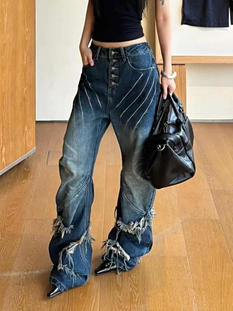 

American Vintage Jeans Hole Raw edge Patchwork High Waist Straight Pants Y2k Spicy Girl Style Streetwear Loose Women's Clothing