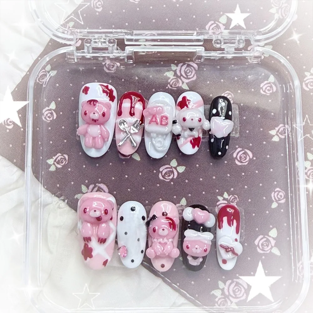 Cartoon Niedlicher Rosa Hase Dessert Liebesbär Ellipsen-Nagelkunst 3D Stern Schmetterling Knoten Flügel Punkt-Muster Künstliche Nägel Geburtstagsgeschenk – Detail 3