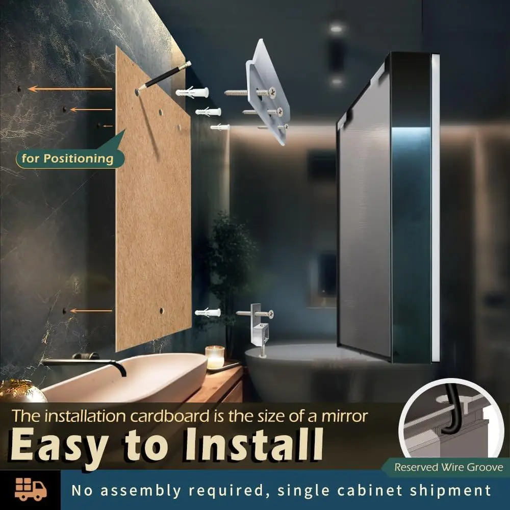 Armoire à pharmacie murale éclairée par LED avec ports USB, désembueur, lumière 3 couleurs, miroir de maquillage à intensité variable, installation facile, 31x