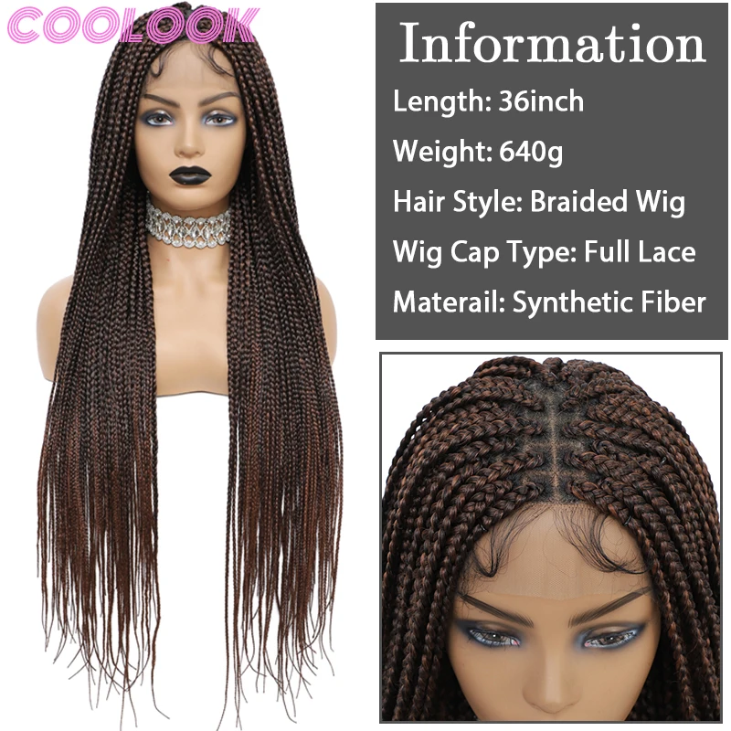 Synthetic Long Full Lace Box Braid Wig with Baby Hairs 36'' Knotless Box Braid Lace Front Wig Ombre Brown Braided Wigs for Women