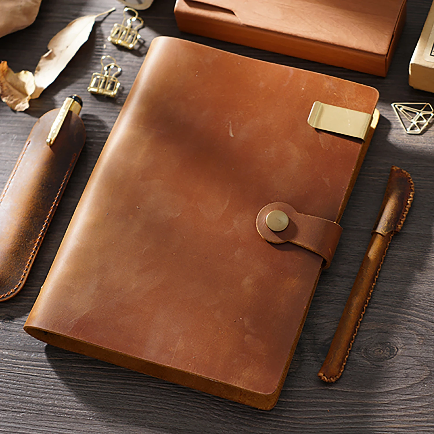 Genuine Leather Rings Notebook A5/B5 Planner With Brass Binder Spiral Sketchbook Snap Button Personal Diary Stationery