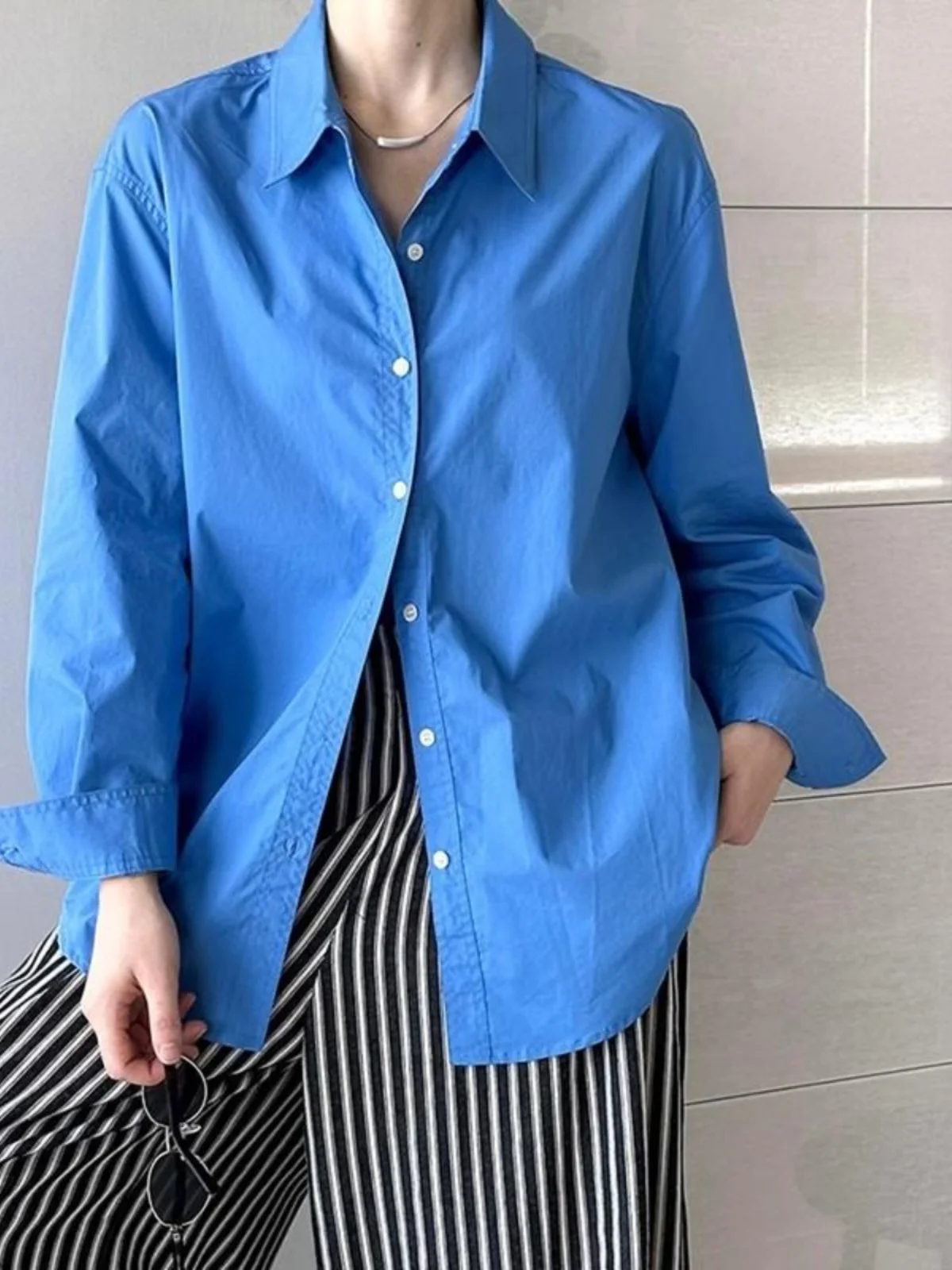 

Klein Blue Women's Shirt Spring Autumn New Loose Shape Long Sleeve Top Layering Pure Color Commute Style Casual Fashion
