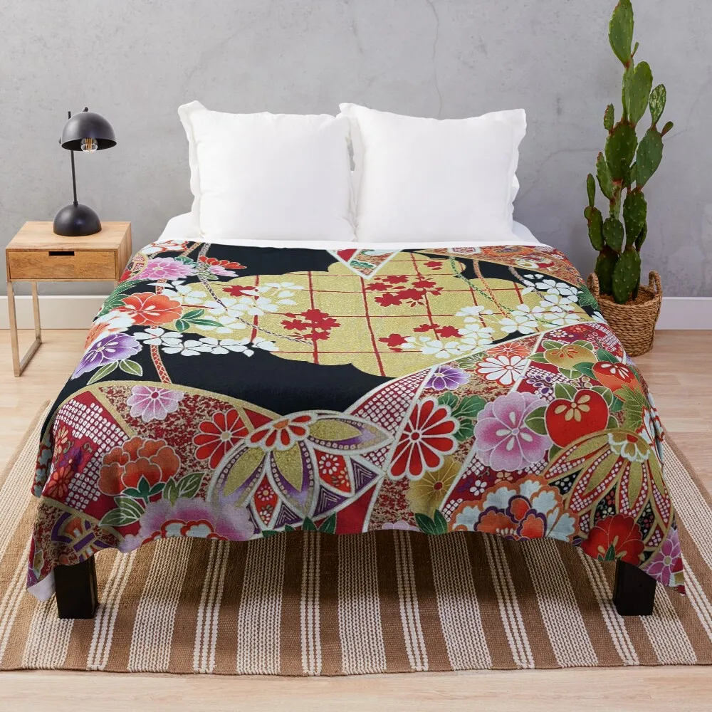 

ANTIQUE JAPANESE FLOWERS Red Pink White Jasmines, Peonies Kimono Style Floral Throw Blanket valentine gift ideas Luxury Blankets