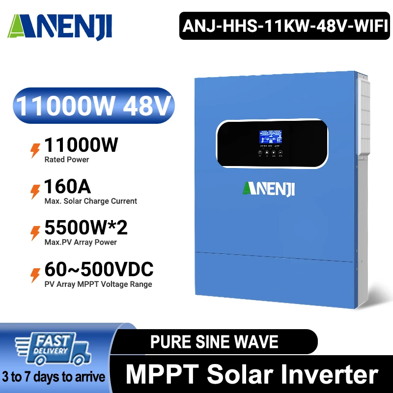 

ANENJI 11KW Solar Inverter 48V High Power Off / on Grid Inverter 230VAC Dual PV Input Built-in 160A MPPT Solar Charge Controller