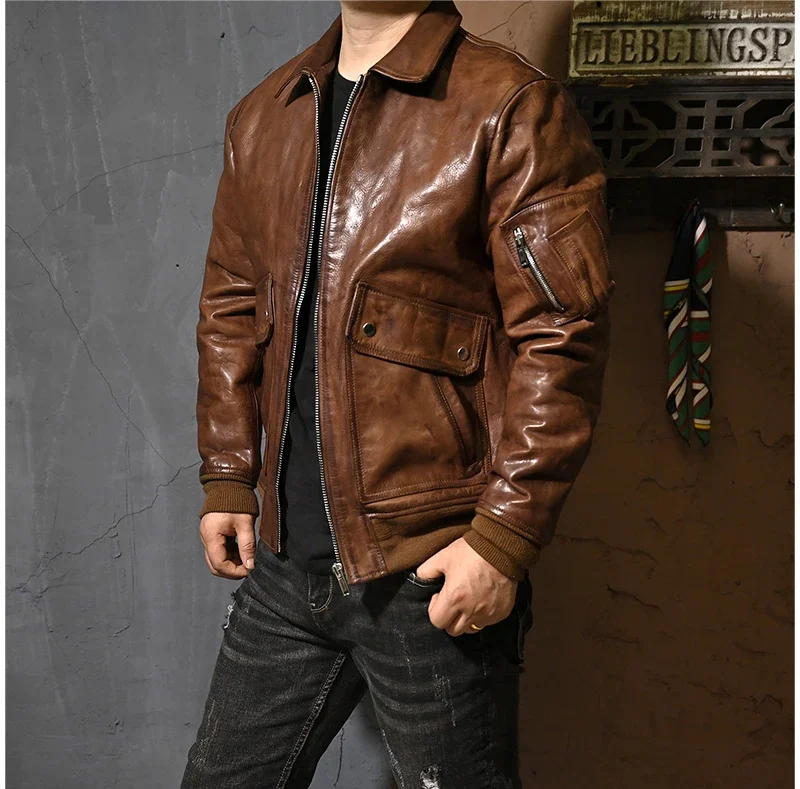 YR!Wholesales.New style Vintage casual Calfskin jacket.Men brown A-2 new design quality leather coat.Luxury cloth