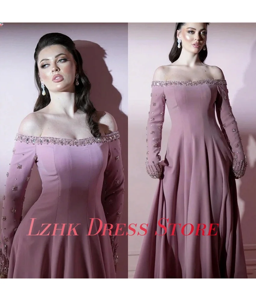 Abito da sera con perline di cristallo con paillettes e spalle scoperte in jersey squisito personalizzato Abiti da ballo sexy a maniche lunghe