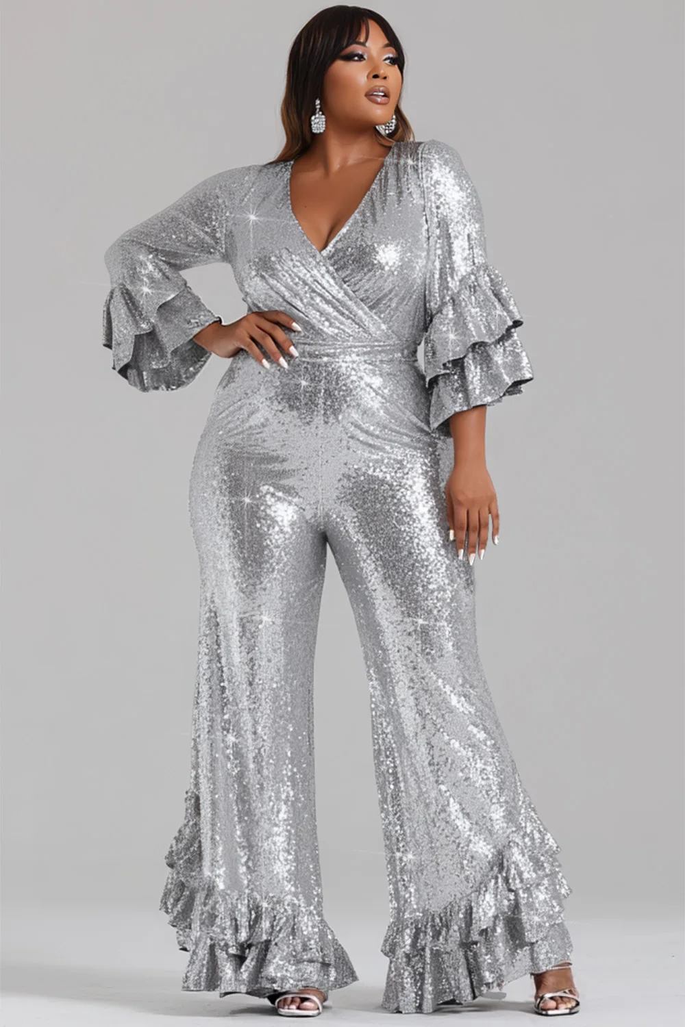 Plus Size Party Silver Wrap Neck 3/4 Sleeve Ruffle Vintage Tiered Sequin Jumpsuits