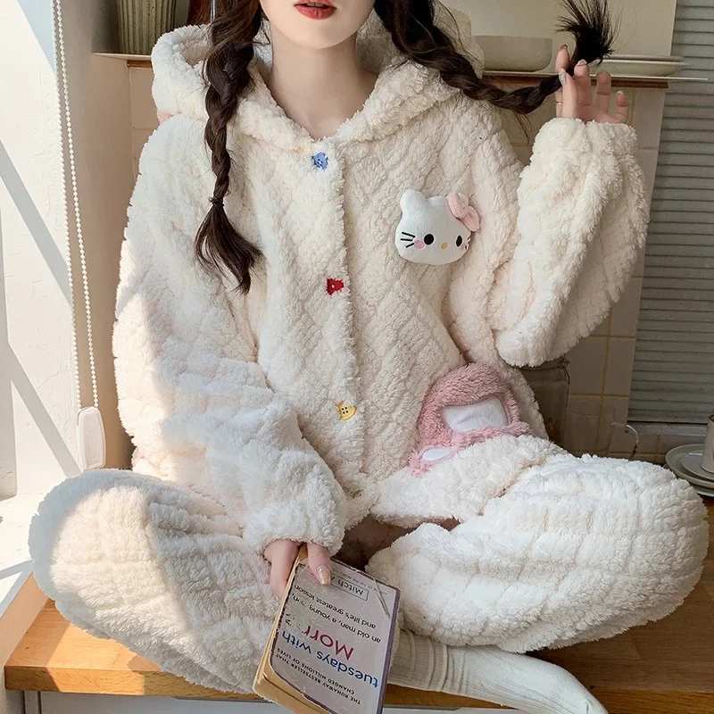 New Sanrio Hello Kitty Women\'s Pajamas Hooded Pajamas Fleece Thickened Cartoon Casual Plush Homewear Silk Pajamas Women