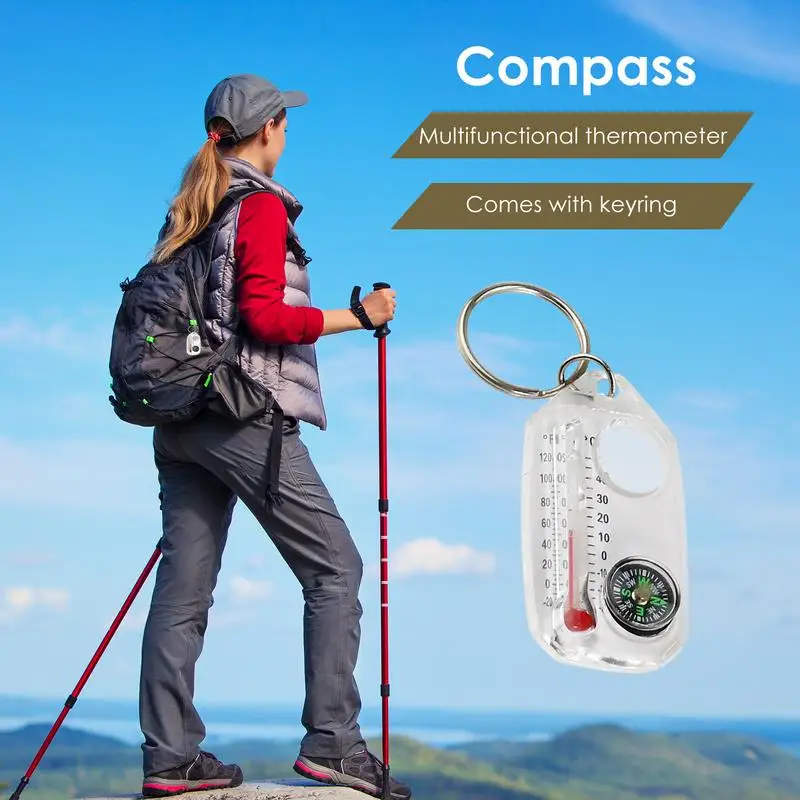 Mini Compasses Thermometers Keychain Survival Thermometers Compass Keychain Mini Pocket Sized Compass Keyring Outdoor Small Gear