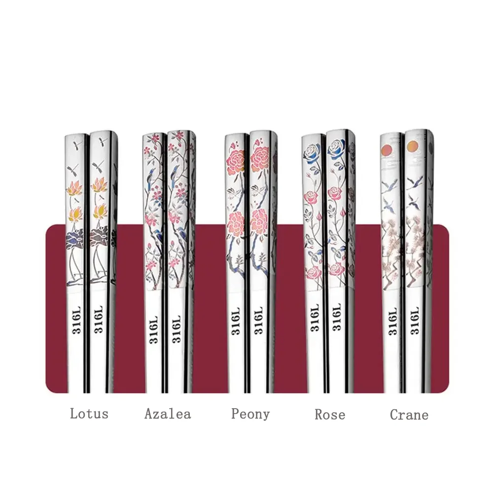 Traditional Asain Style 316L Stainless Steel Chopsticks with Hand Painted Vintage Pattern for Restaurant Household Dinnerware