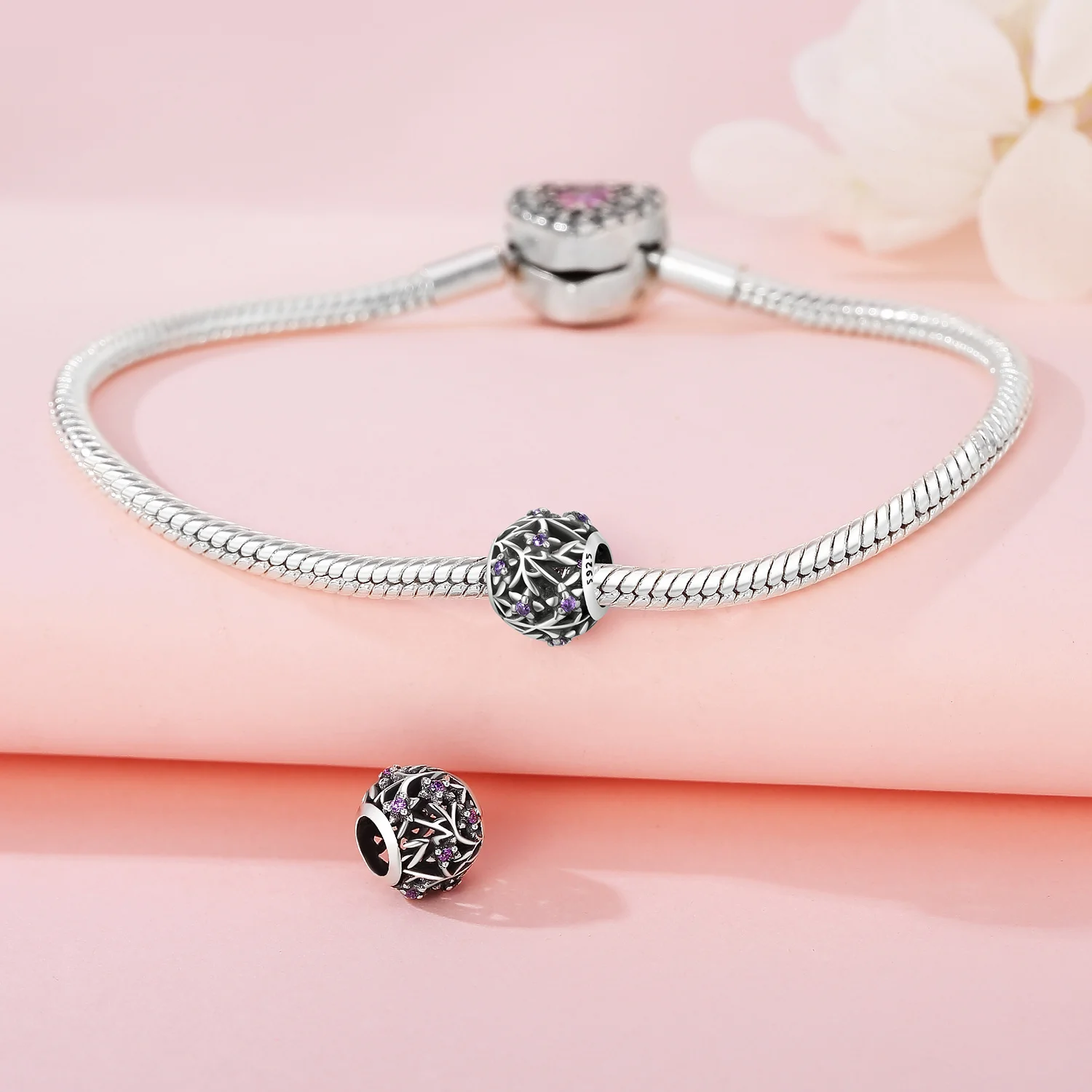 Real 925 Sterling Silver Platycodon Flower Beaded Zircon Beads Fit Women Jewelry Wedding Evening Party Girl Birthday Gift