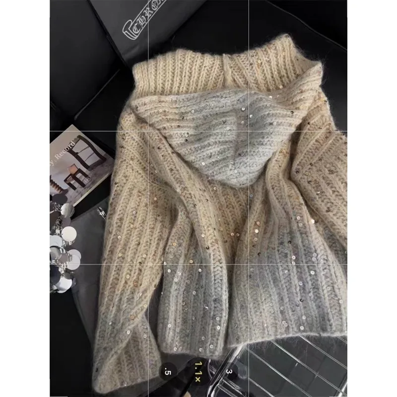 Women's Clothing Coat Gradient Colours Hooded French Sequins Design Autumn Winter Elegant Versatile Lazy Knitted Cardigan