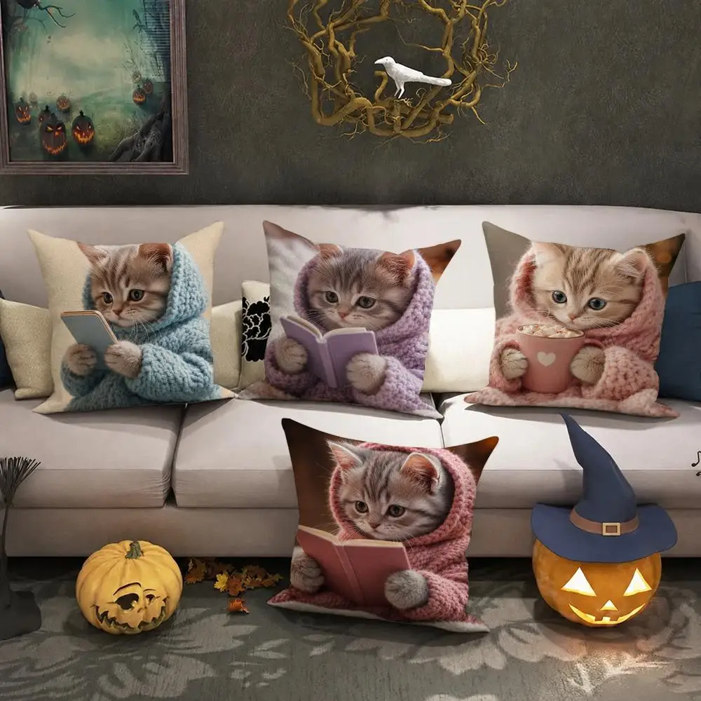 Cute Cozy Kitten Reading Cushion Cover Halloween decoration trick or treat cushion cover, ghost, pumpkin head, bat decoration
