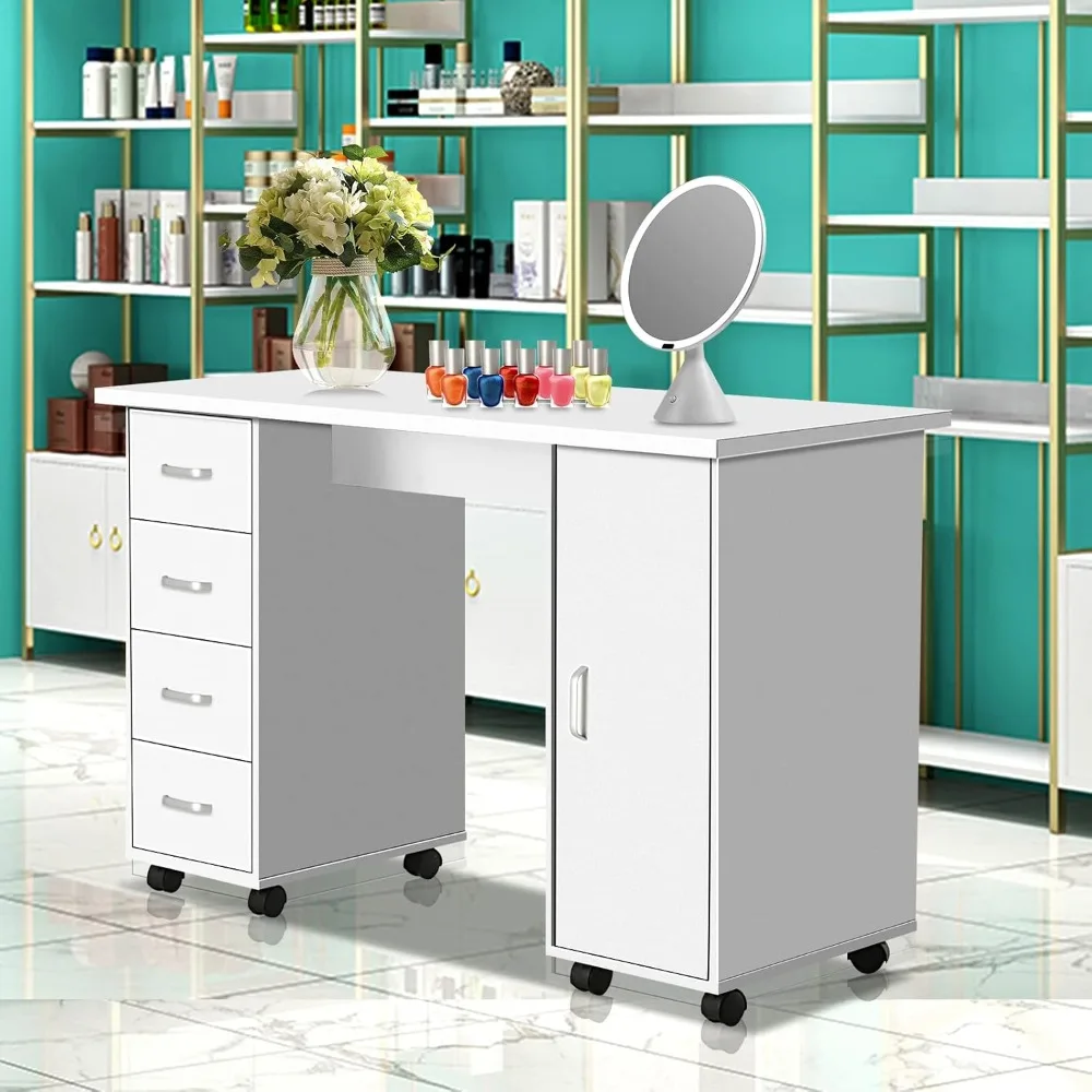 Manicure Nail Table Station with Wheels,Manicure Table Nail Beauty Spa Salon Desk Workstation w/4 Drawers,1 Cabinet