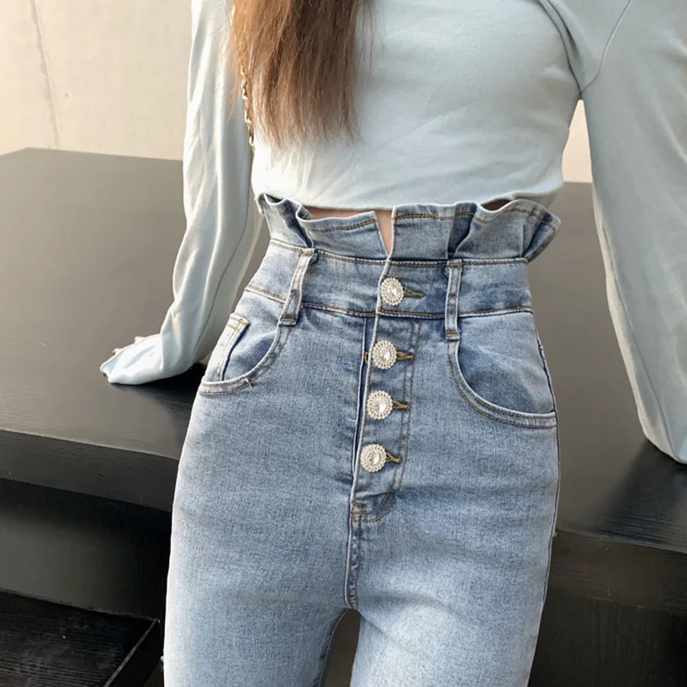 2022 Vintage Skinny Four Buttons High Waist Pencil Jeans Women Slim Fit Stretch Denim Pants Full Length Denim Tight Trousers