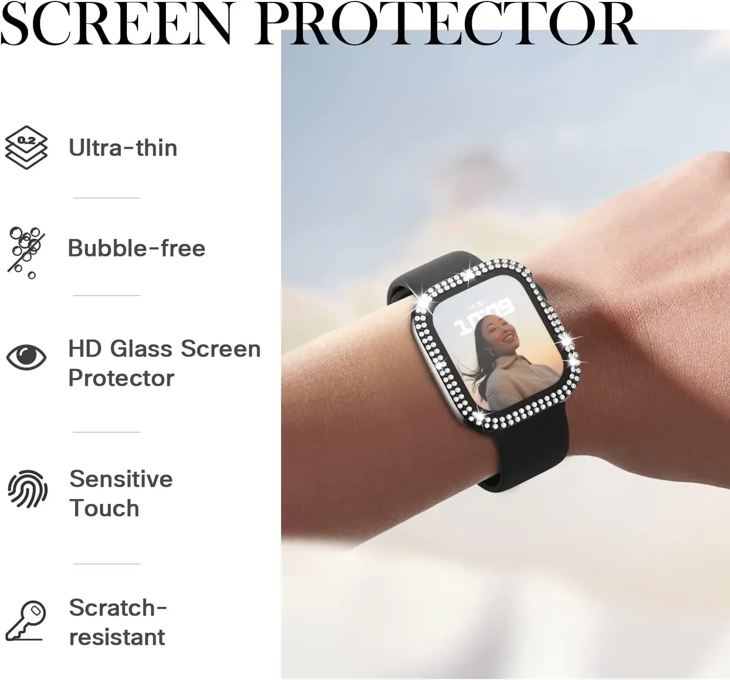 Diamond Cover per Apple Watch Case 45mm 41mm 44mm 40mm 42mm 38mm protezione dello schermo del paraurti in vetro temperato IWatch Series 7 8 9 SE 3