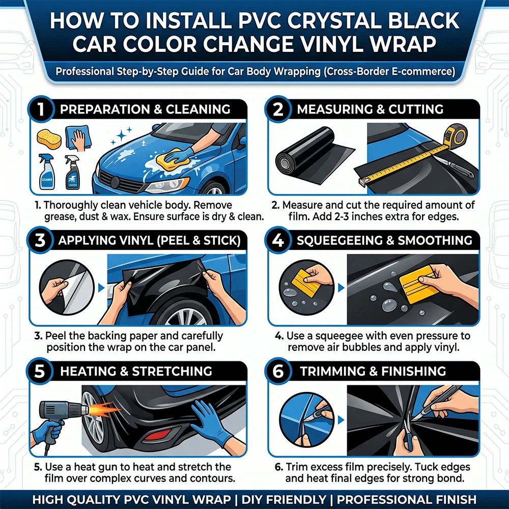 Glänzende PET Klavierlack-Schwarz Auto-Vinylfolie Luftblasenfreie Selbstklebende PVC Hochglanz-Schwarz Auto-Karosserie Farbwechselfolie Zubehör – Detail 15