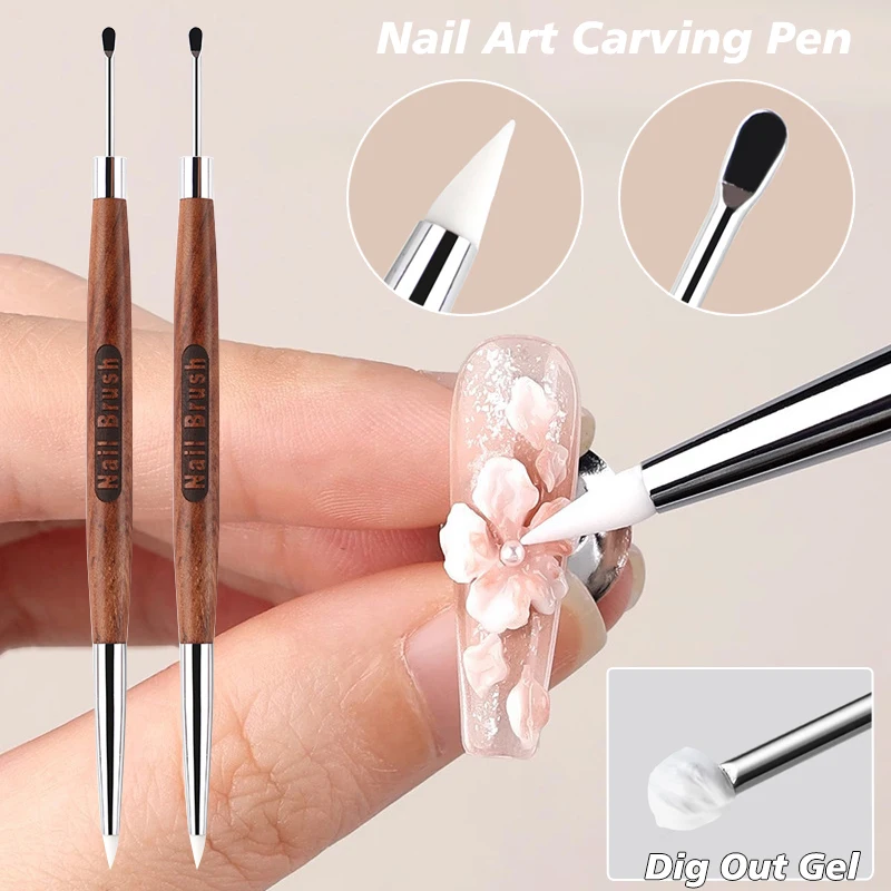 

Силиконовый карандаш для дизайна ногтей, 3D-рисования цветов, с двойной головкой, деревянной ручкой, для моделирования гель-лаком, дизайна и наращивания ногтей