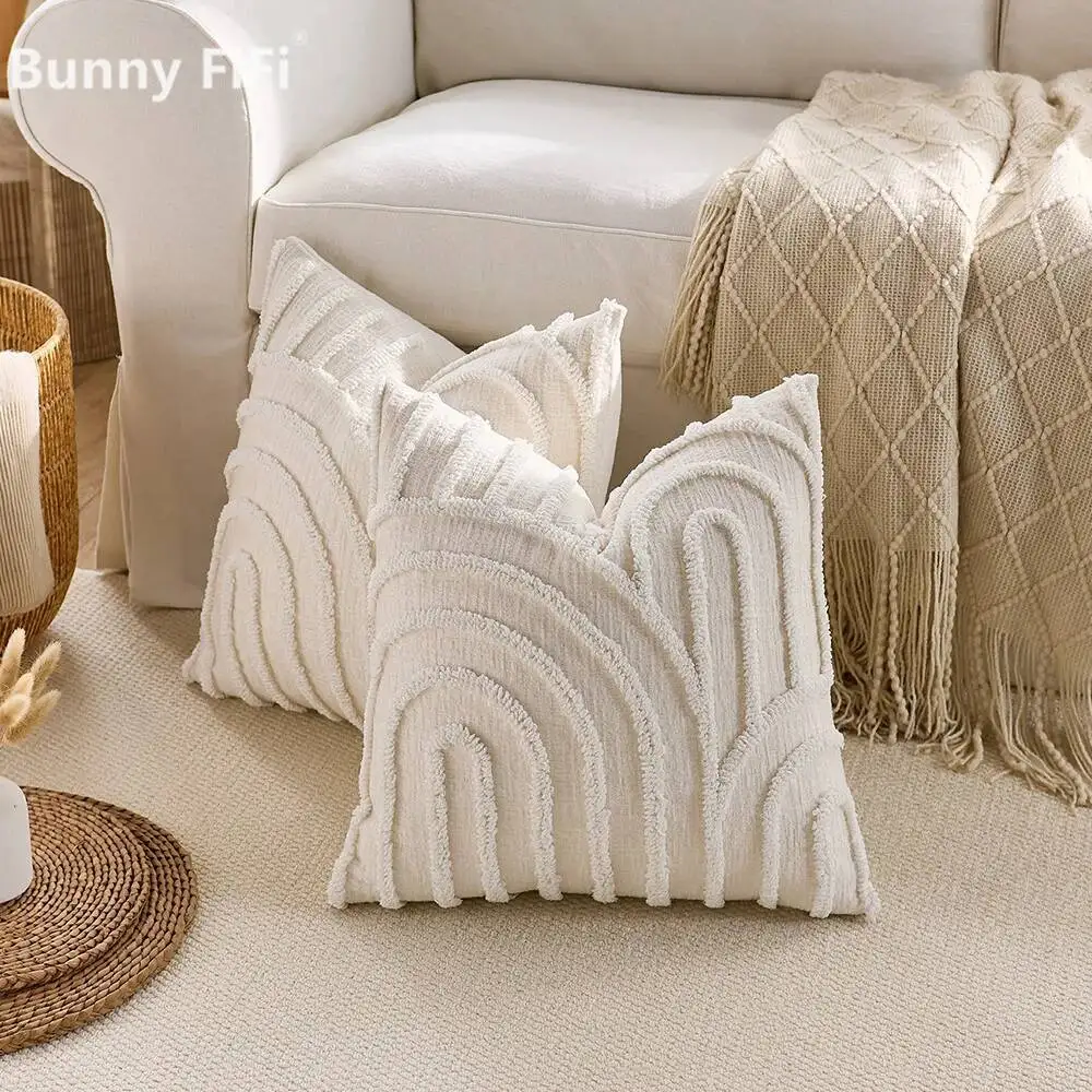 2pcs Tufted Arch Striped Pattern Throw Pillowcase Embroidery Boho Abstract Aesthetic Woven Decorative Cushion Cover For Sofa Bed
