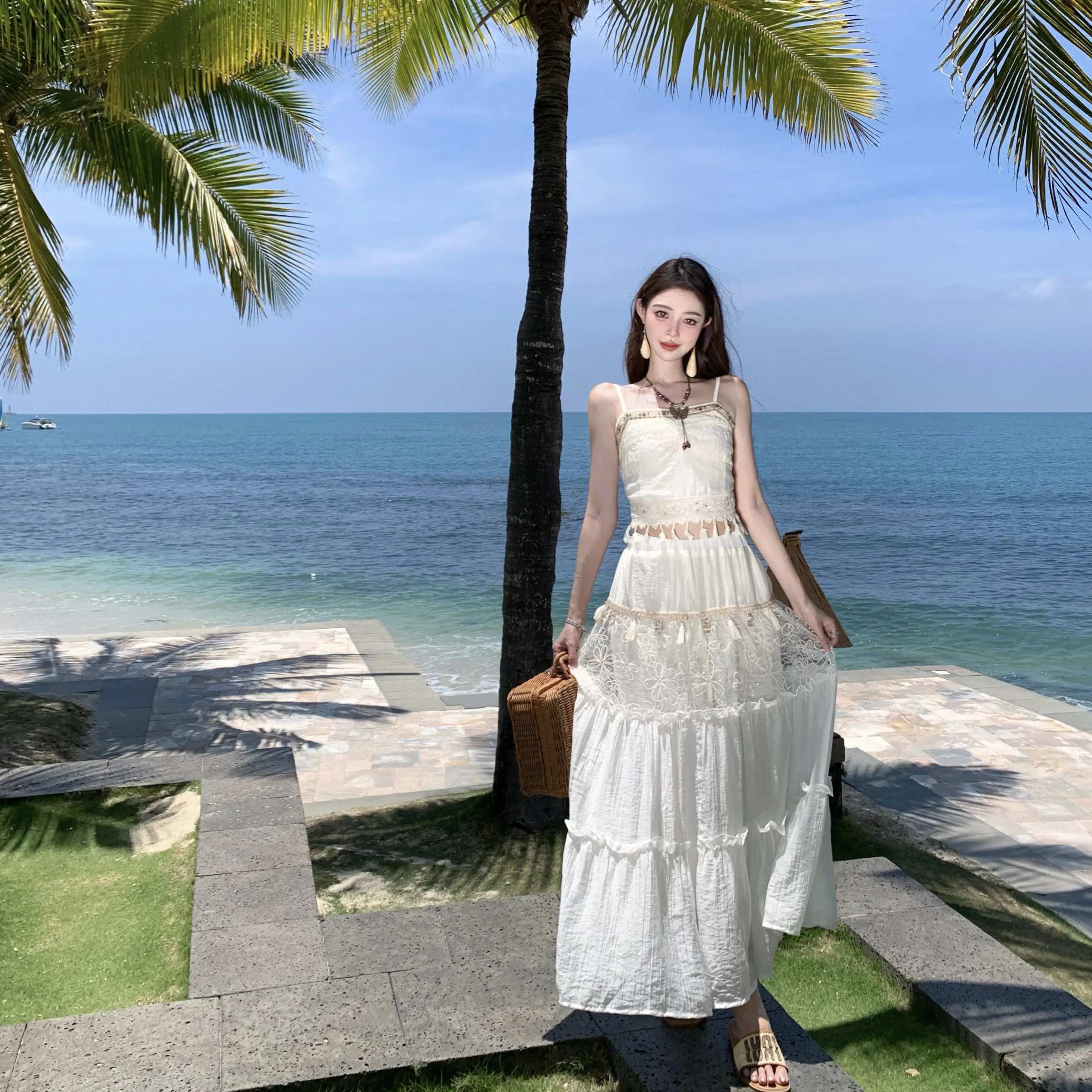 

Holiday Boho Beach Vintage White Lace 2 Piece Sets Womens Outfits Summer Slip Top and High Waist Long Skirt Two Peice Set Women