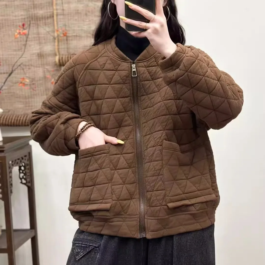 

Retro Diamond Pattern Cotton Jaet Women's Loose Casual Long Sve Top Cotton Coat Outerwear Autumn Winter New Arrival