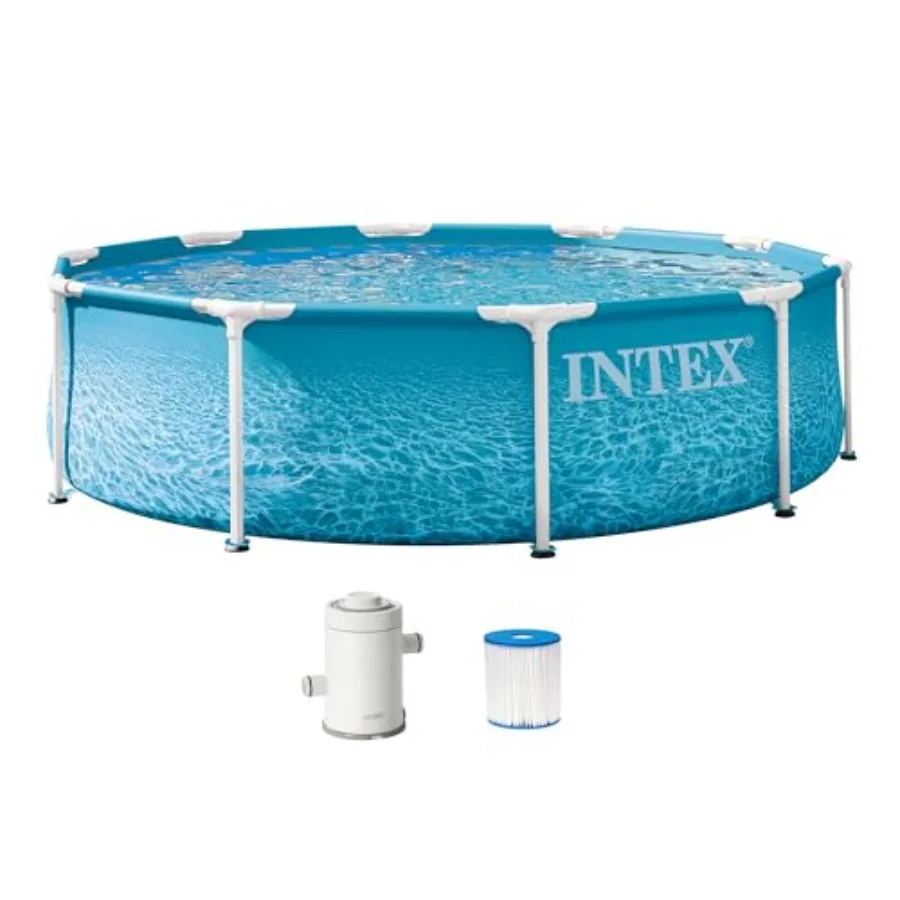 Beachside above-ground swimming pool set with metal frame, rust-resistant silver finish, puncture-resistant material, 10ft x 30